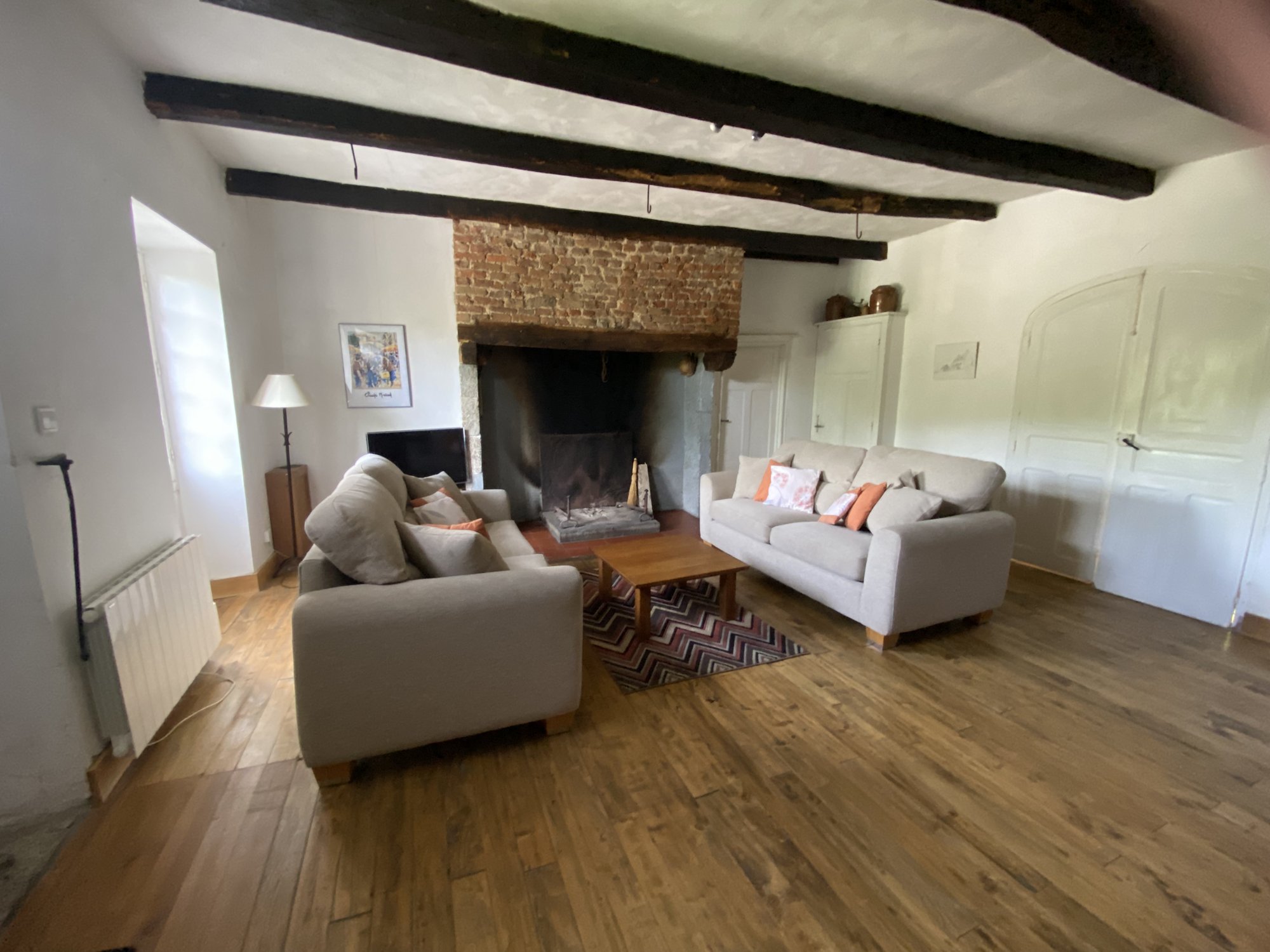 The living room and fireplace